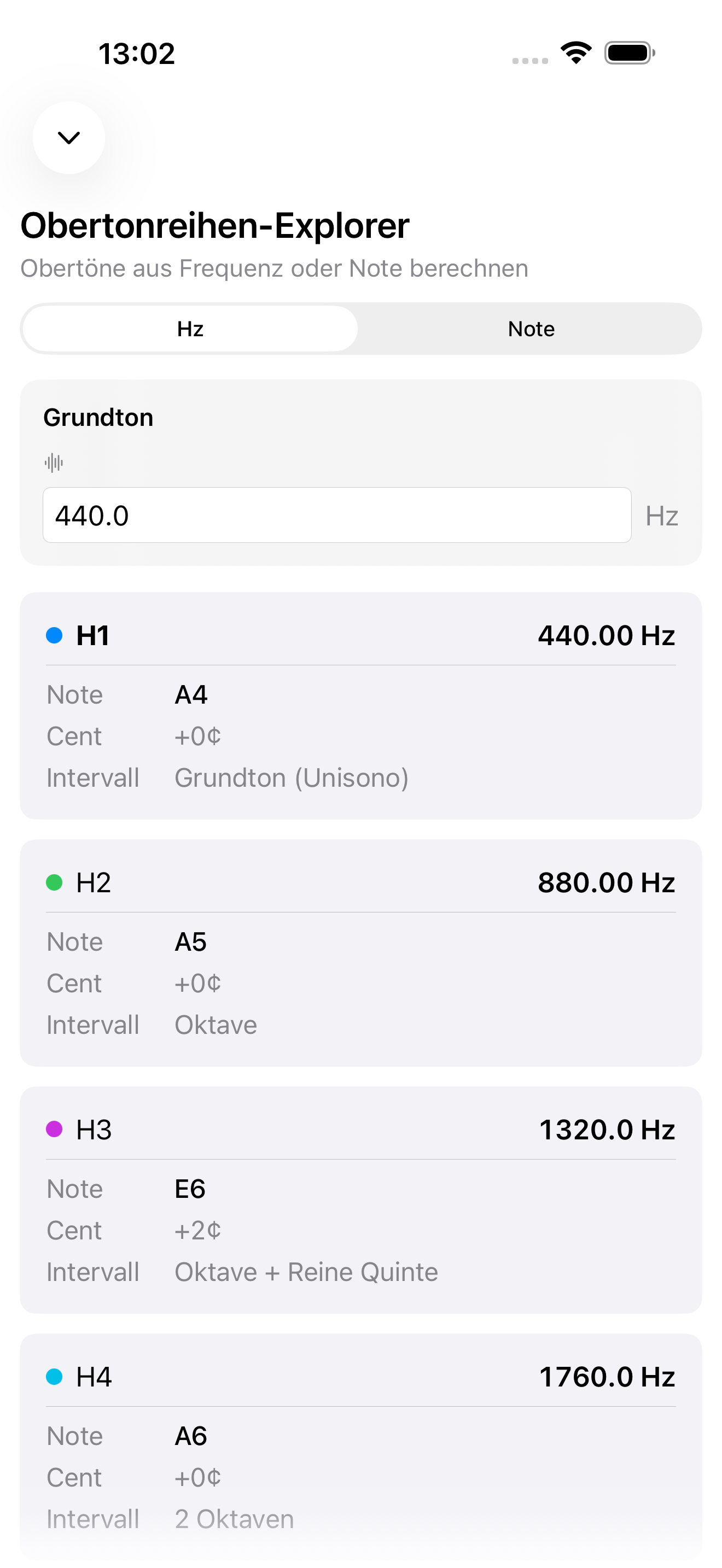 Obertonreihen-Explorer auf iPhone